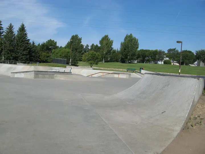 Concrete skate bowl, ramps and rails at Lions Skate Park in Victoria Park, Saskatoon
